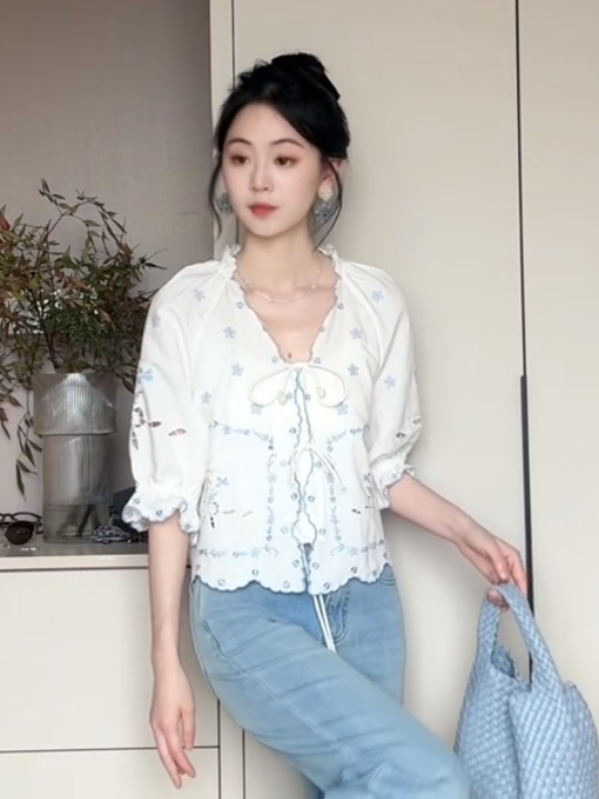 French-style Embroidered Lace-Up Short Sleeve Shirt for Women - Summer Sweet Youthful Sun Protection Top French-style Embroidered Lace-Up Short Sleeve Shirt for Women - Summer Sweet Youthful Sun Protection Top
