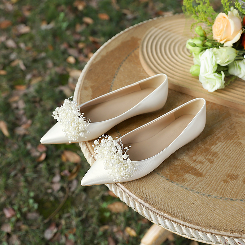 French Style Flat Wedding Shoes for Brides - Comfortable Bridal Loafers for Pregnant Women, Large Size, Perfect for Daily Wear