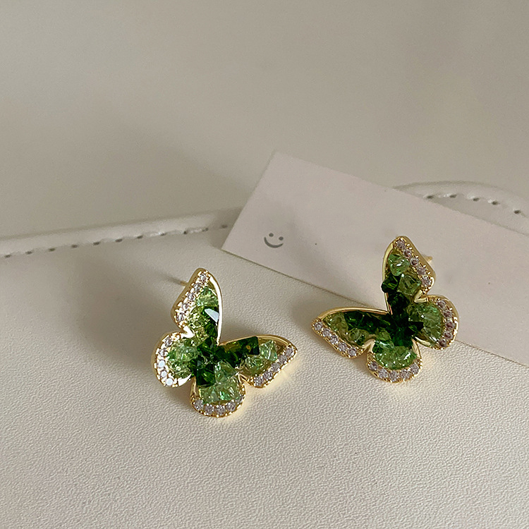 French-Style Green Crystal Butterfly Stud Earrings for Women, Unique Design with Diamond Zirconia Embellishment, Versatile Jewelry
