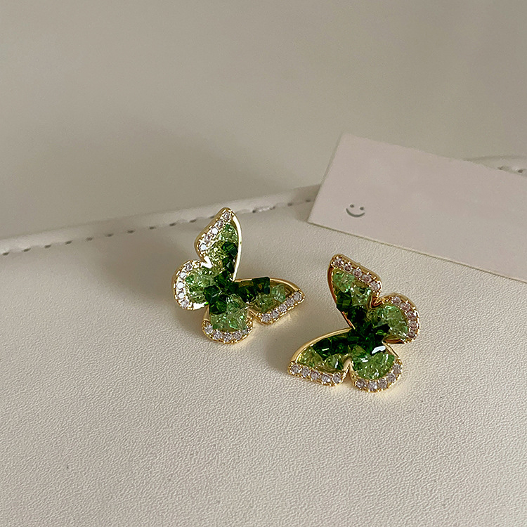 French-Style Green Crystal Butterfly Stud Earrings for Women, Unique Design with Diamond Zirconia Embellishment, Versatile Jewelry French-Style Green Crystal Butterfly Stud Earrings for Women, Unique Design with Diamond Zirconia Embellishment, Versatile Jewelry