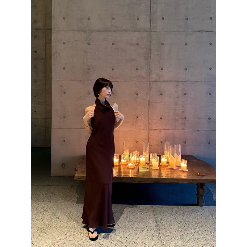 French Style Halter Neck Off-Shoulder Dress for Women - Summer Long Draped Dress with Big Back Detail French Style Halter Neck Off-Shoulder Dress for Women - Summer Long Draped Dress with Big Back Detail