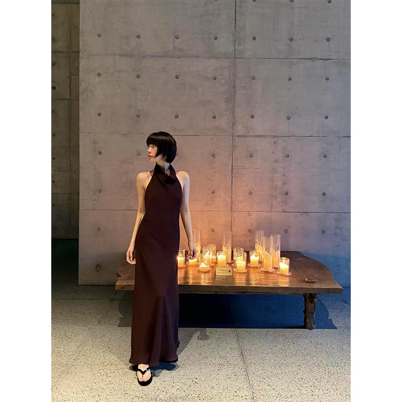 French Style Halter Neck Off-Shoulder Dress for Women - Summer Long Draped Dress with Big Back Detail