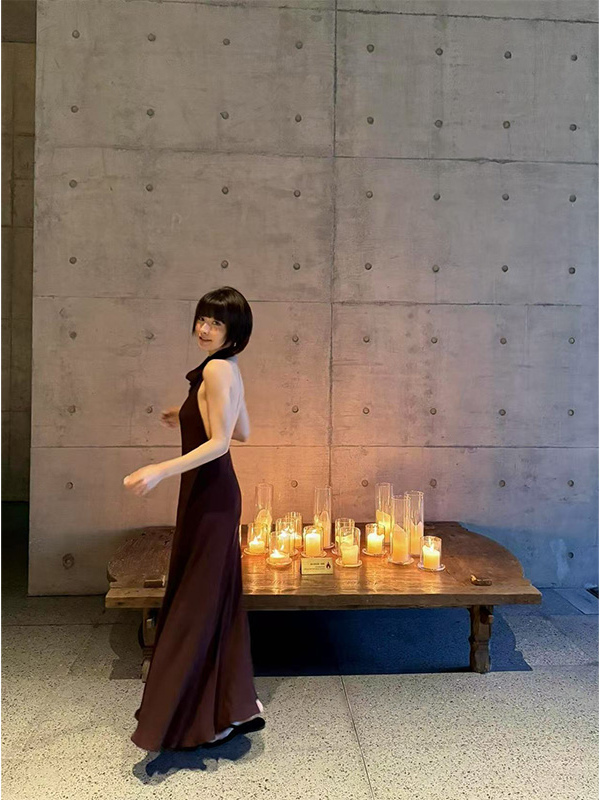 French Style Halter Neck Off-Shoulder Dress for Women - Summer Long Draped Dress with Big Back Detail French Style Halter Neck Off-Shoulder Dress for Women - Summer Long Draped Dress with Big Back Detail