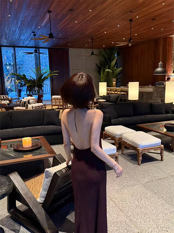 French Style Halter Neck Off-Shoulder Dress for Women - Summer Long Draped Dress with Big Back Detail French Style Halter Neck Off-Shoulder Dress for Women - Summer Long Draped Dress with Big Back Detail