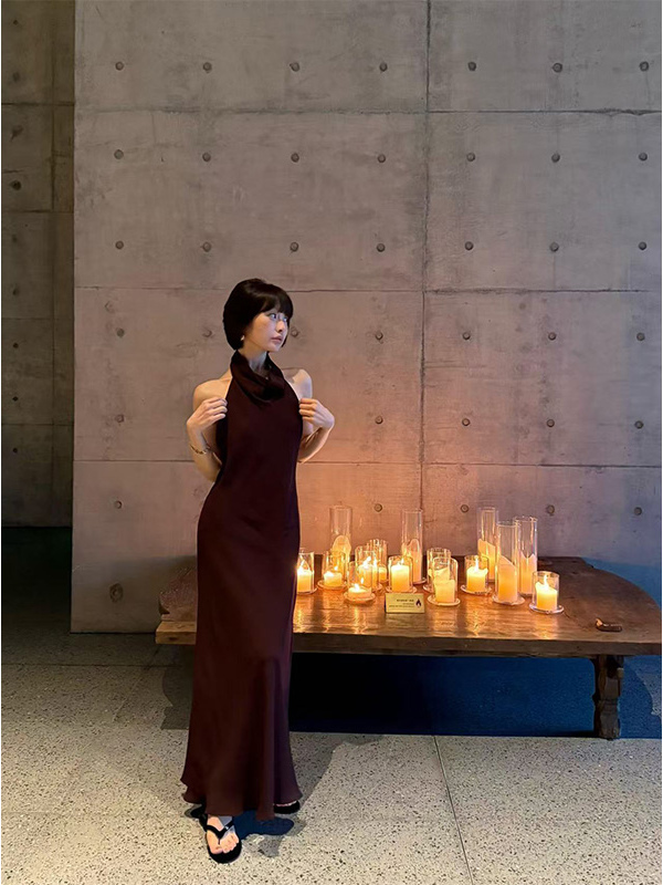 French Style Halter Neck Off-Shoulder Dress for Women - Summer Long Draped Dress with Big Back Detail French Style Halter Neck Off-Shoulder Dress for Women - Summer Long Draped Dress with Big Back Detail