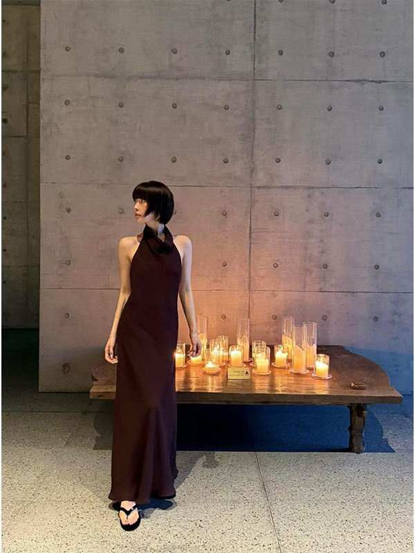 French Style Halter Neck Off-Shoulder Dress for Women - Summer Long Draped Dress with Big Back Detail French Style Halter Neck Off-Shoulder Dress for Women - Summer Long Draped Dress with Big Back Detail