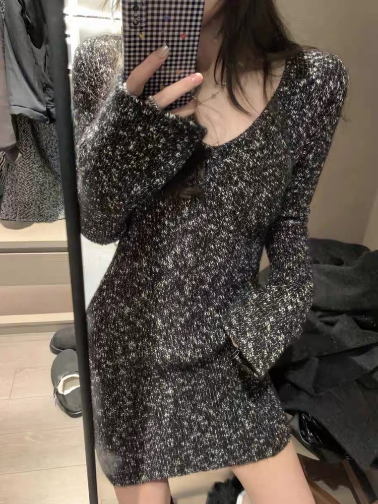 French-Style Knitted Dress for Women - V-Neck Black Inner Layer Short Skirt, High-End Winter Fashion