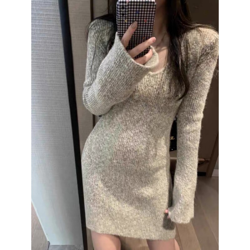 French-Style Knitted Dress for Women - V-Neck Black Inner Layer Short Skirt, High-End Winter Fashion French-Style Knitted Dress for Women - V-Neck Black Inner Layer Short Skirt, High-End Winter Fashion