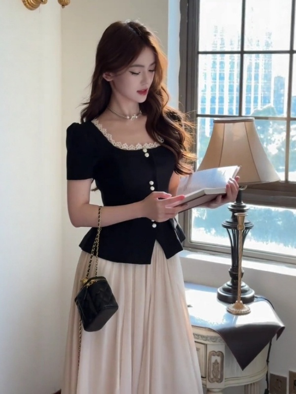 French-Style Lace Spliced Short-Sleeve Top & High-Waisted Skirt Two-Piece Set for Women - Chic Summer Outfit, Y2K Fashion