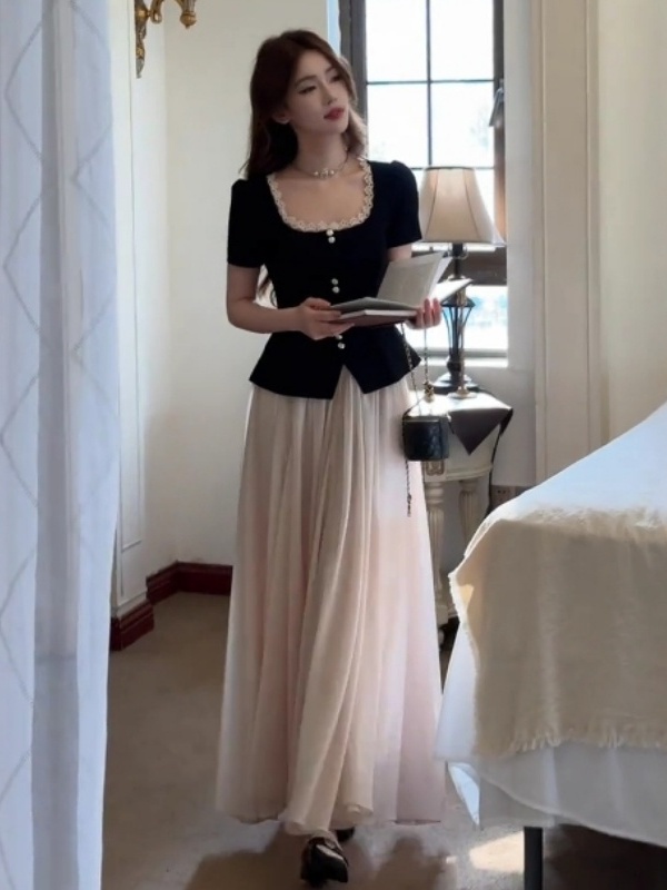 French-Style Lace Spliced Short-Sleeve Top & High-Waisted Skirt Two-Piece Set for Women - Chic Summer Outfit, Y2K Fashion