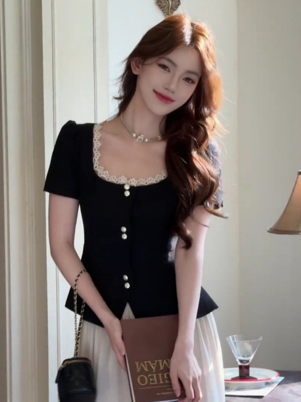 French-Style Lace Spliced Short-Sleeve Top & High-Waisted Skirt Two-Piece Set for Women - Chic Summer Outfit, Y2K Fashion French-Style Lace Spliced Short-Sleeve Top & High-Waisted Skirt Two-Piece Set for Women - Chic Summer Outfit, Y2K Fashion