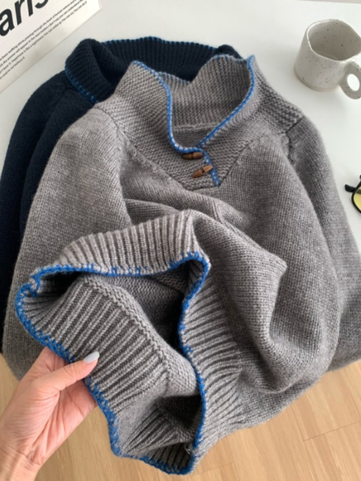 French Style Loose Fit Pullover Sweater with Horn Buttons for Women - Soft Cozy Autumn Winter Fashion