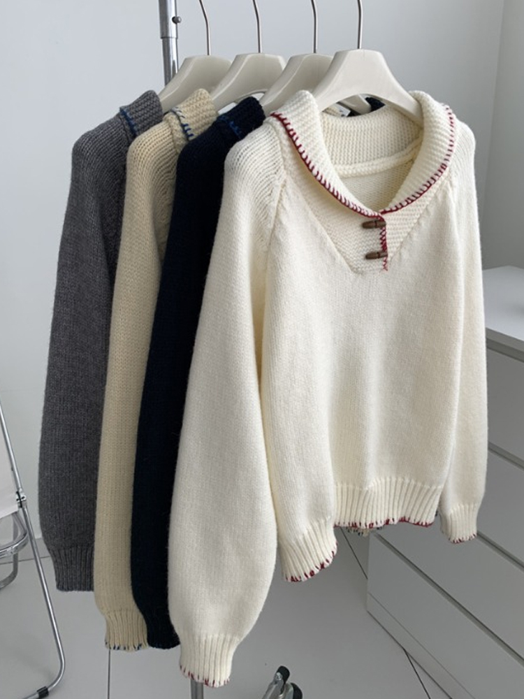 French Style Loose Fit Pullover Sweater with Horn Buttons for Women - Soft Cozy Autumn Winter Fashion French Style Loose Fit Pullover Sweater with Horn Buttons for Women - Soft Cozy Autumn Winter Fashion