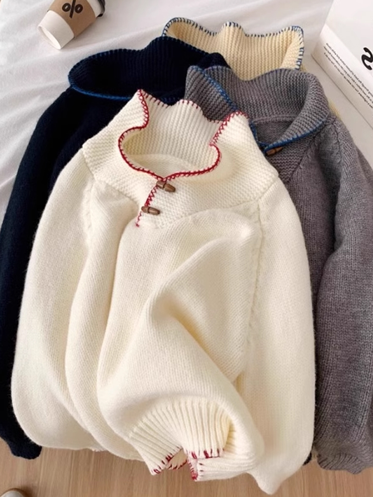 French Style Loose Fit Pullover Sweater with Horn Buttons for Women - Soft Cozy Autumn Winter Fashion