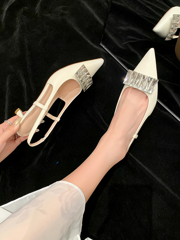 French-Style Pointed Toe Backless Stiletto Heels for Women - Summer Genuine Leather Rhinestone Closed-Toe Sandals for Skirts French-Style Pointed Toe Backless Stiletto Heels for Women - Summer Genuine Leather Rhinestone Closed-Toe Sandals for Skirts