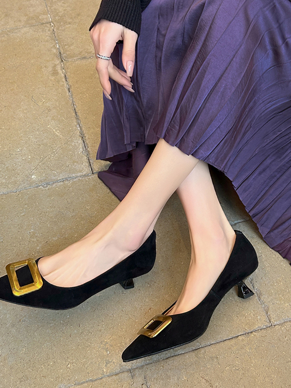 French-Style Pointed-Toe High Heels with Square Buckles - Comfortable Shallow Mouth Commute Shoes for Spring 2025 French-Style Pointed-Toe High Heels with Square Buckles - Comfortable Shallow Mouth Commute Shoes for Spring 2025