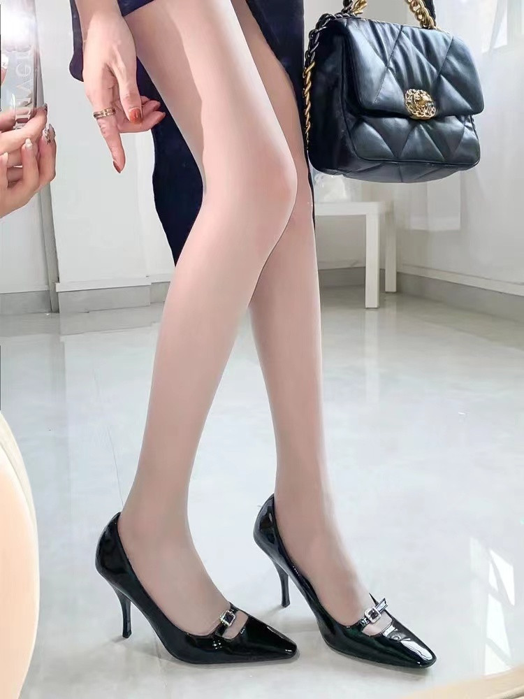 French-Style Rhinestone Square Buckle High Heels for Women - Black Patent Leather Pointed-Toe Shoes for Autumn Winter 2025