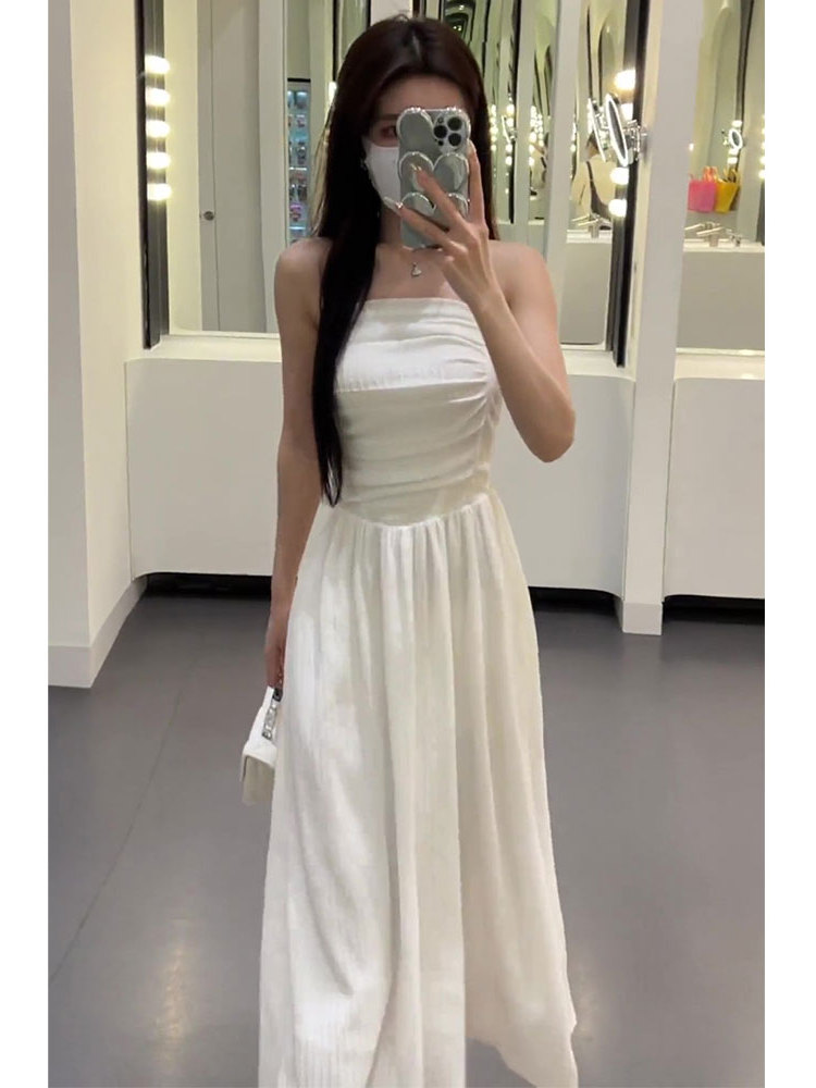 French-Style Sexy Pleated Sleeveless Strapless Dress for Women - 2025 Summer High-End Waist-Cinching Beach Vacation Fashion