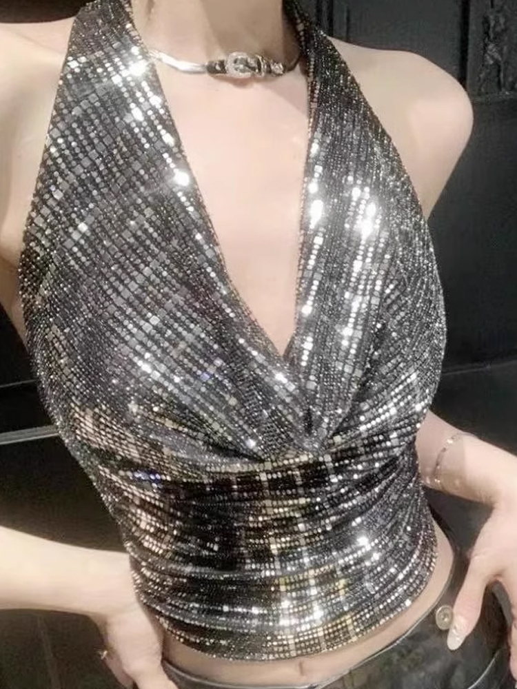 French-Style Sexy Sequined Halter Crop Top for Women, Backless Design for Trendy Street Style, Perfect for Night Out and Parties French-Style Sexy Sequined Halter Crop Top for Women, Backless Design for Trendy Street Style, Perfect for Night Out and Parties