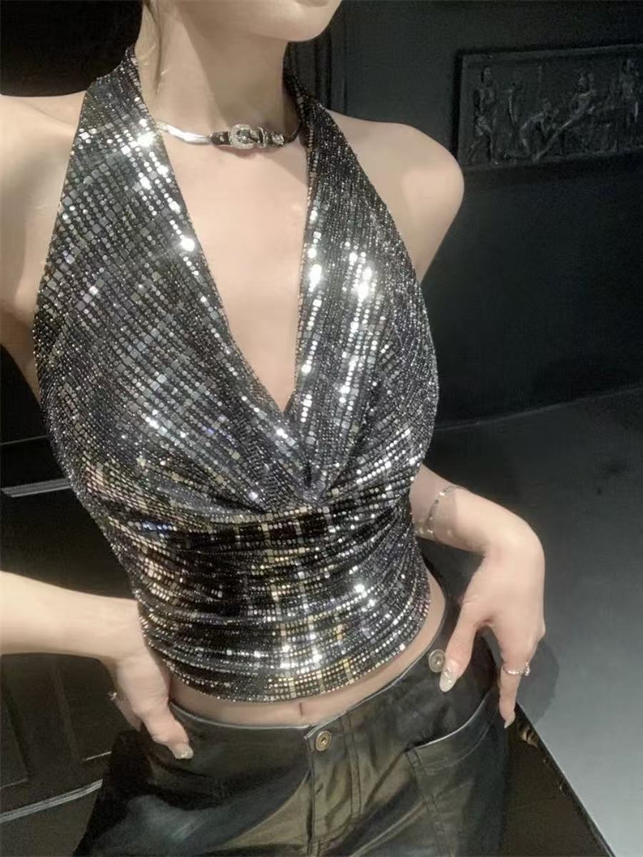 French-Style Sexy Sequined Halter Crop Top for Women, Backless Design for Trendy Street Style, Perfect for Night Out and Parties