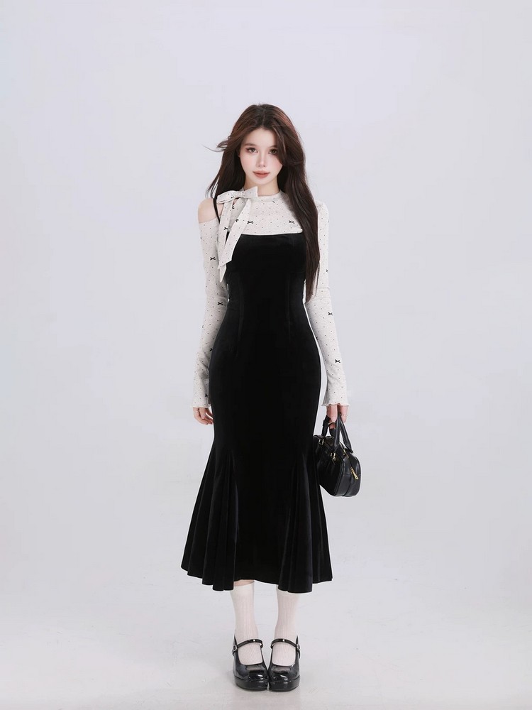 French-Style Spaghetti Strap Off-Shoulder Fishtail Dress with Waist Design for Spring - Sexy Girl Elegant Fashion French-Style Spaghetti Strap Off-Shoulder Fishtail Dress with Waist Design for Spring - Sexy Girl Elegant Fashion