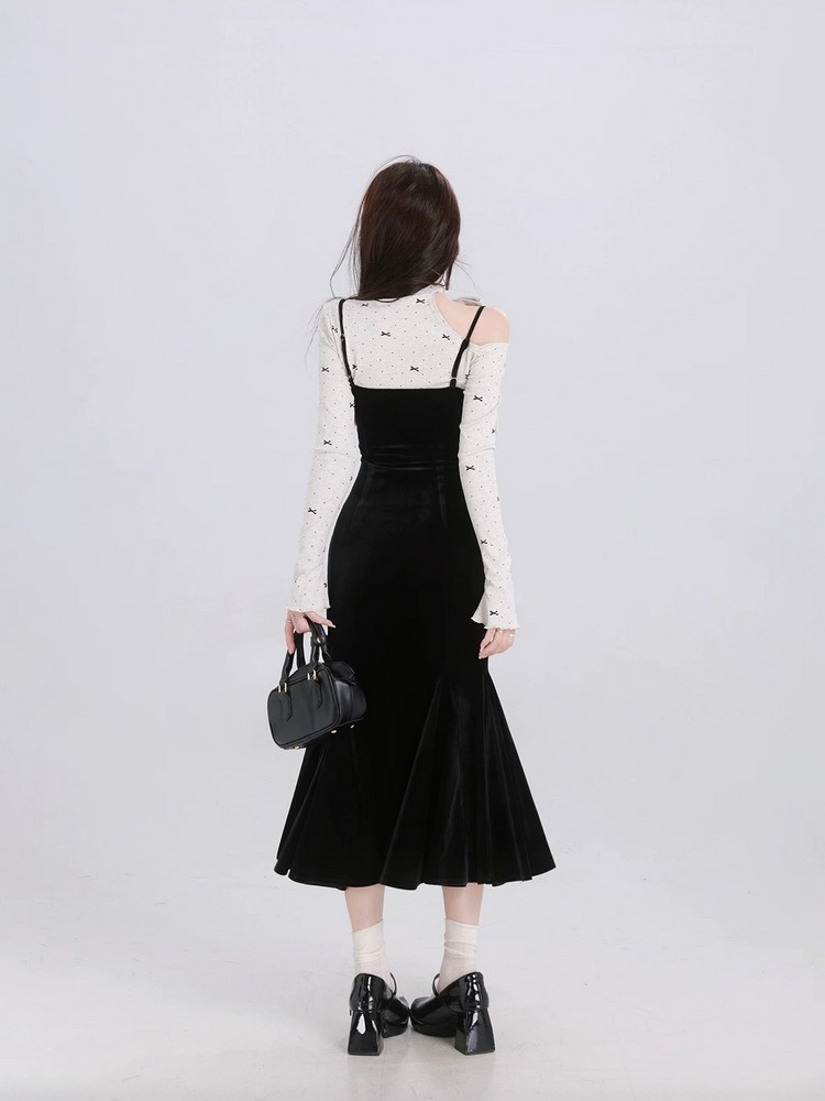 French-Style Spaghetti Strap Off-Shoulder Fishtail Dress with Waist Design for Spring - Sexy Girl Elegant Fashion French-Style Spaghetti Strap Off-Shoulder Fishtail Dress with Waist Design for Spring - Sexy Girl Elegant Fashion