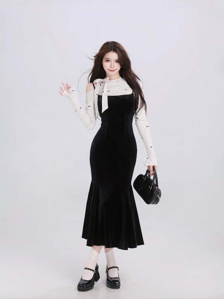 French-Style Spaghetti Strap Off-Shoulder Fishtail Dress with Waist Design for Spring - Sexy Girl Elegant Fashion French-Style Spaghetti Strap Off-Shoulder Fishtail Dress with Waist Design for Spring - Sexy Girl Elegant Fashion