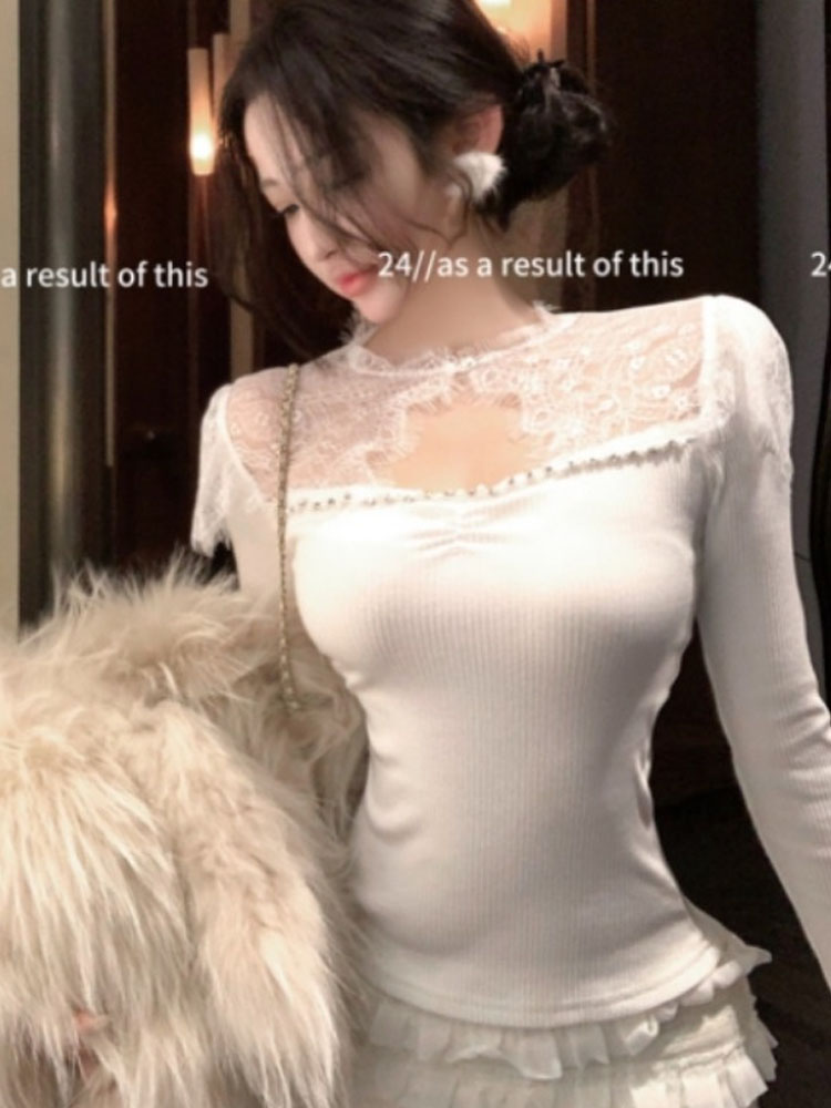 French-Style Sweet Lace Long Sleeve T-Shirt for Women - Unique Exquisite Top for Spring and Autumn Fashion French-Style Sweet Lace Long Sleeve T-Shirt for Women - Unique Exquisite Top for Spring and Autumn Fashion