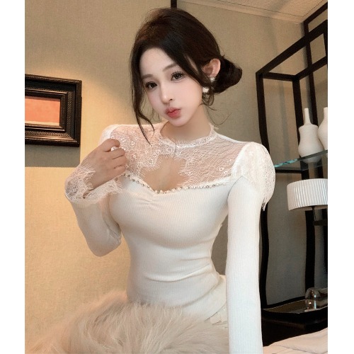 French-Style Sweet Lace Long Sleeve T-Shirt for Women - Unique Exquisite Top for Spring and Autumn Fashion