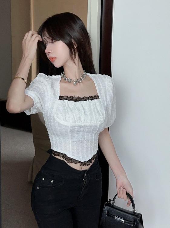 French-Style Sweet Lace Puff Sleeve Chiffon Shirt for Women - Trendy Slim-Fit Short Top, Age-Reducing Fashion French-Style Sweet Lace Puff Sleeve Chiffon Shirt for Women - Trendy Slim-Fit Short Top, Age-Reducing Fashion
