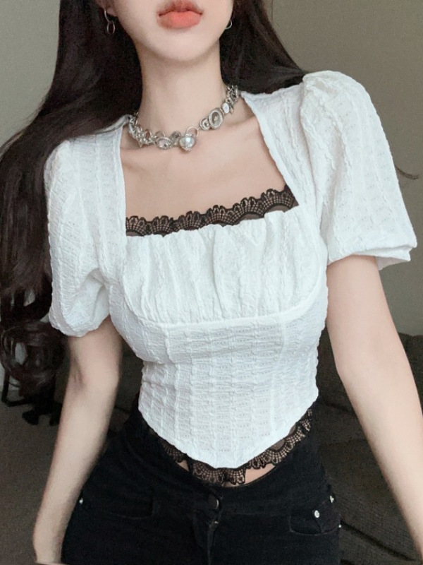 French-Style Sweet Lace Puff Sleeve Chiffon Shirt for Women - Trendy Slim-Fit Short Top, Age-Reducing Fashion French-Style Sweet Lace Puff Sleeve Chiffon Shirt for Women - Trendy Slim-Fit Short Top, Age-Reducing Fashion