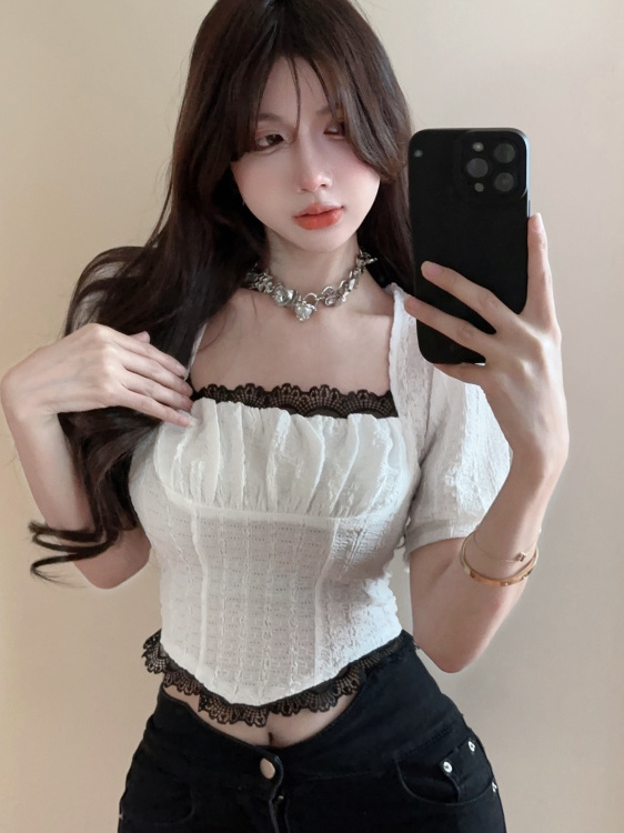 French-Style Sweet Lace Puff Sleeve Chiffon Shirt for Women - Trendy Slim-Fit Short Top, Age-Reducing Fashion French-Style Sweet Lace Puff Sleeve Chiffon Shirt for Women - Trendy Slim-Fit Short Top, Age-Reducing Fashion