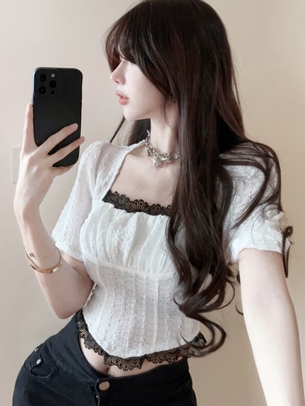 French-Style Sweet Lace Puff Sleeve Chiffon Shirt for Women - Trendy Slim-Fit Short Top, Age-Reducing Fashion