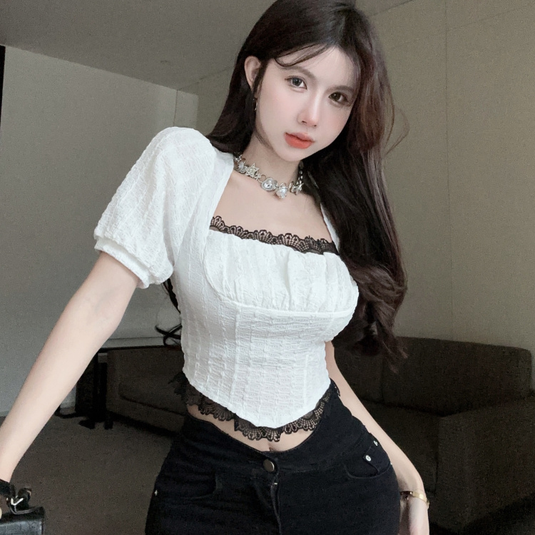 French-Style Sweet Lace Puff Sleeve Chiffon Shirt for Women - Trendy Slim-Fit Short Top, Age-Reducing Fashion