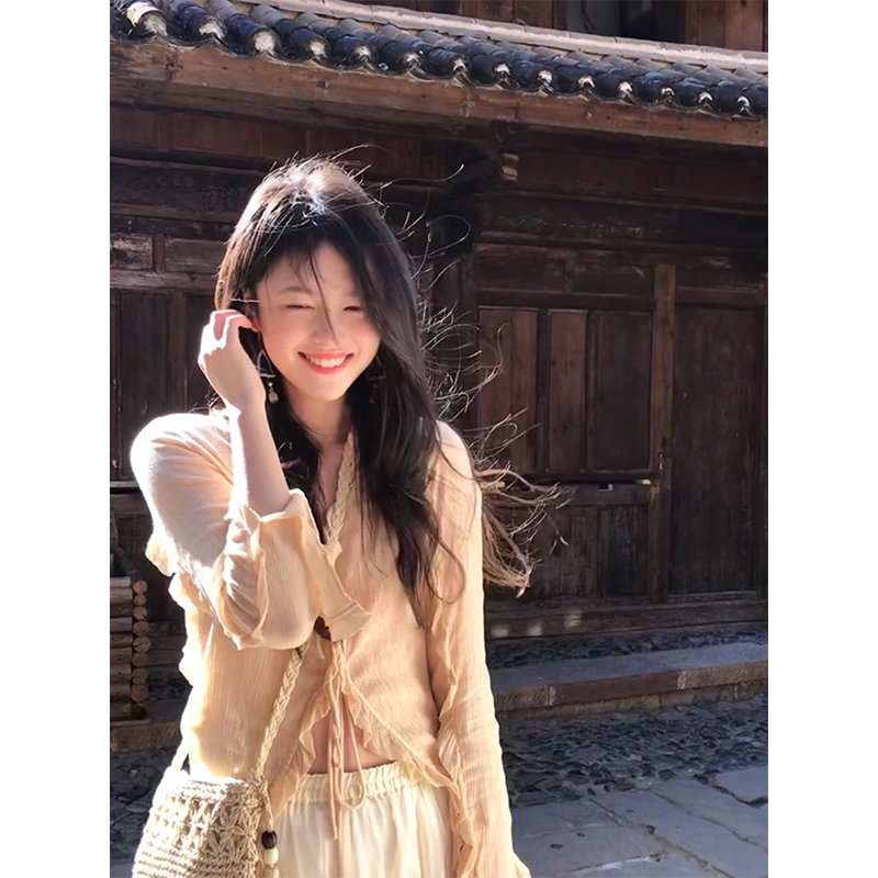 French-Style Textured Pleated Shirt for Women - Versatile Lace Cardigan, Spring Design, Chic Layering Piece French-Style Textured Pleated Shirt for Women - Versatile Lace Cardigan, Spring Design, Chic Layering Piece