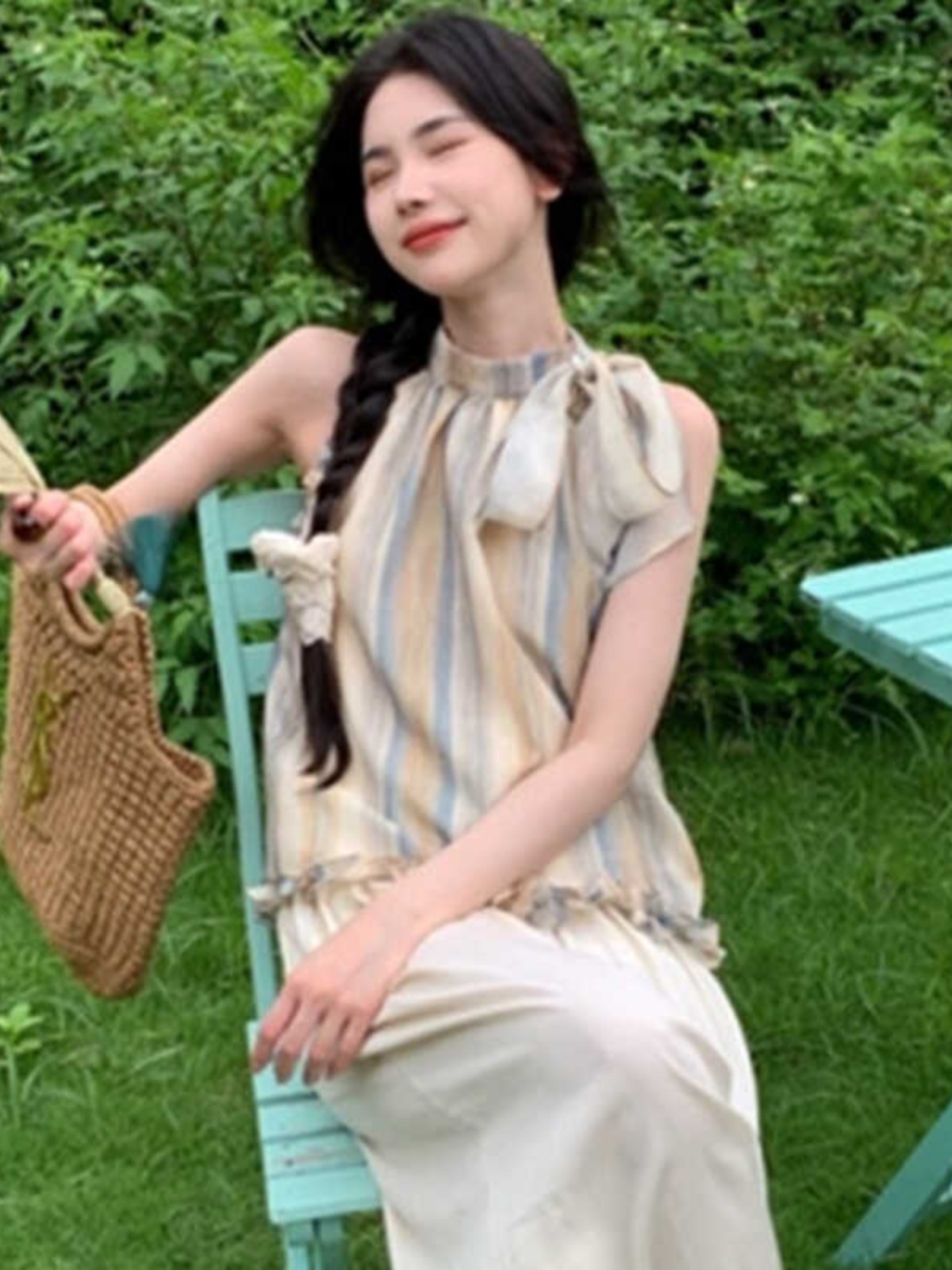 French-Style Tie-Dye Sleeveless Vest for Women - Summer Ear-Edge Neck Hanging Top, Trendy Niche Fashion