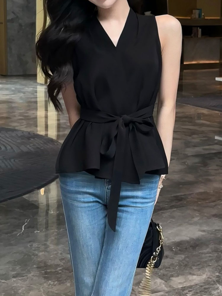 French-Style V-Neck Tie-Back Vest Shirt for Women - 2025 Summer High-End Sleeveless Top in Chic Fashion