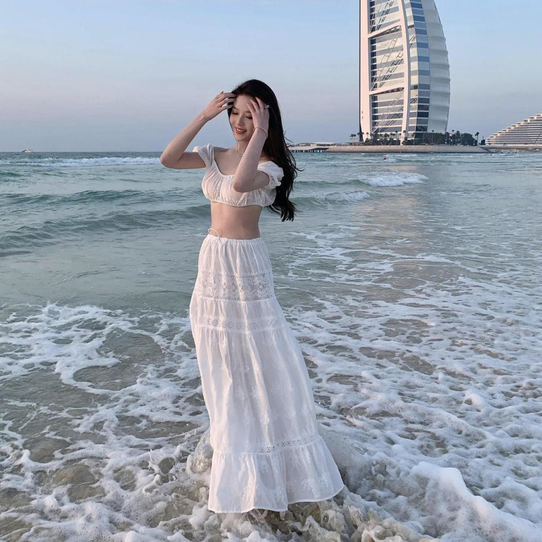 French-Style Vacation White Embroidered One-Shoulder Bikini with Split Long Skirt - Sexy Slim Three-Piece Beach Swimsuit Set