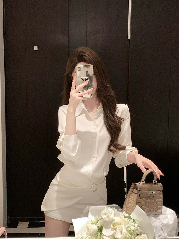 French-Style White Shirt Dress for Women, Waist-Cinching Bodycon Design, Elegant Spring Fashion, Chic Short Skirt French-Style White Shirt Dress for Women, Waist-Cinching Bodycon Design, Elegant Spring Fashion, Chic Short Skirt