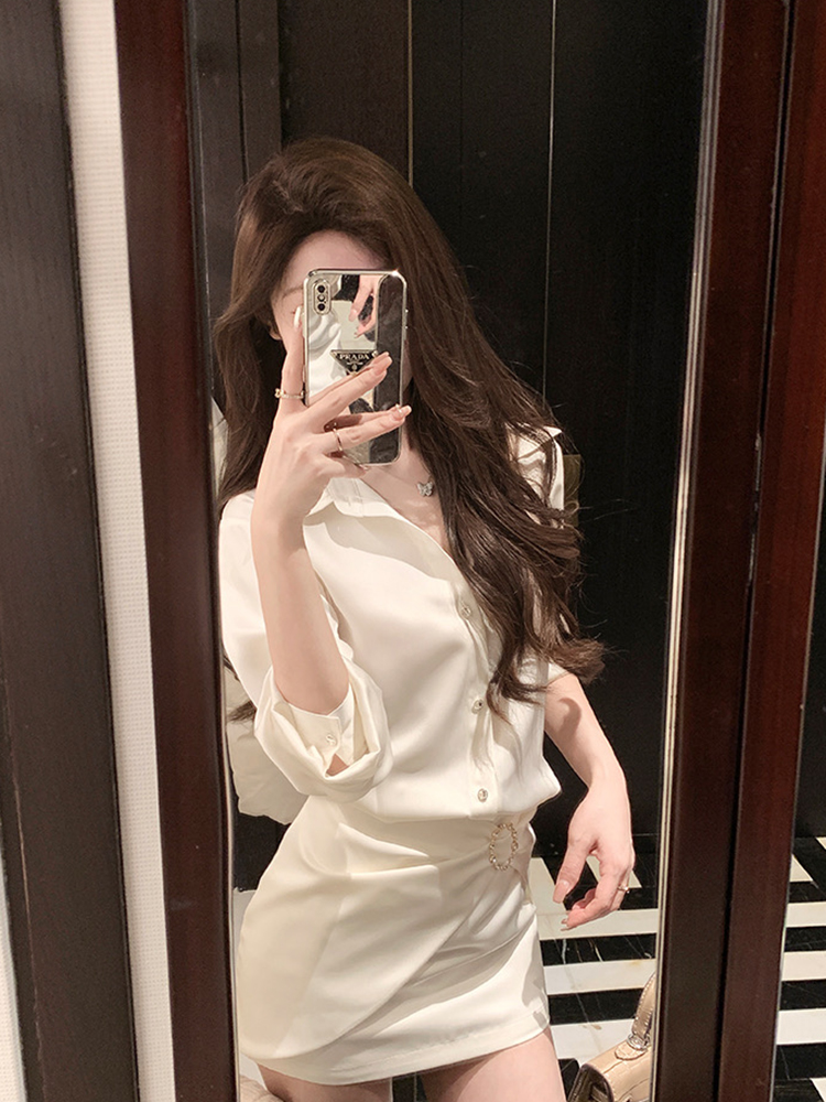 French-Style White Shirt Dress for Women, Waist-Cinching Bodycon Design, Elegant Spring Fashion, Chic Short Skirt French-Style White Shirt Dress for Women, Waist-Cinching Bodycon Design, Elegant Spring Fashion, Chic Short Skirt