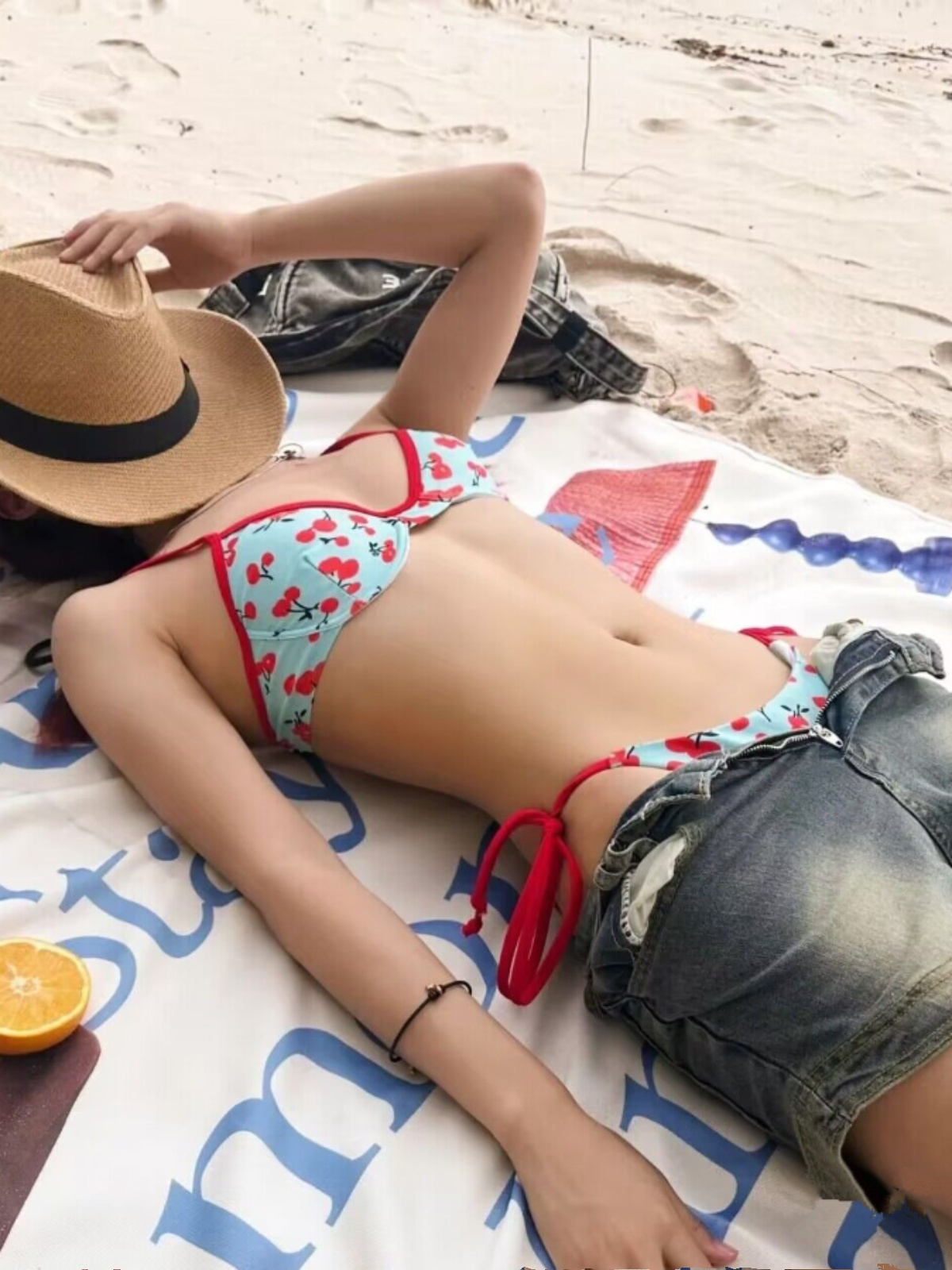 French-Style Women's Swimsuit - Cherry Print Super Sexy Three-Piece Bikini with Steel Support for Small Bust - Perfect for Vacation & Hot Springs