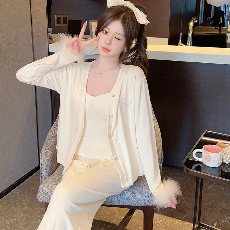 French-Style Women's Three-Piece Pajama Set, Long Sleeve Modal, Sweet & Sexy Padded Camisole, Spring & Autumn Loungewear