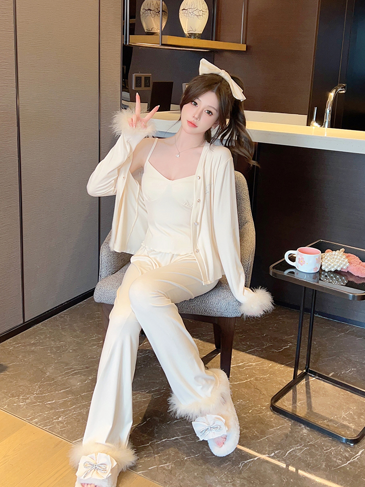 French-Style Women's Three-Piece Pajama Set, Long Sleeve Modal, Sweet & Sexy Padded Camisole, Spring & Autumn Loungewear French-Style Women's Three-Piece Pajama Set, Long Sleeve Modal, Sweet & Sexy Padded Camisole, Spring & Autumn Loungewear