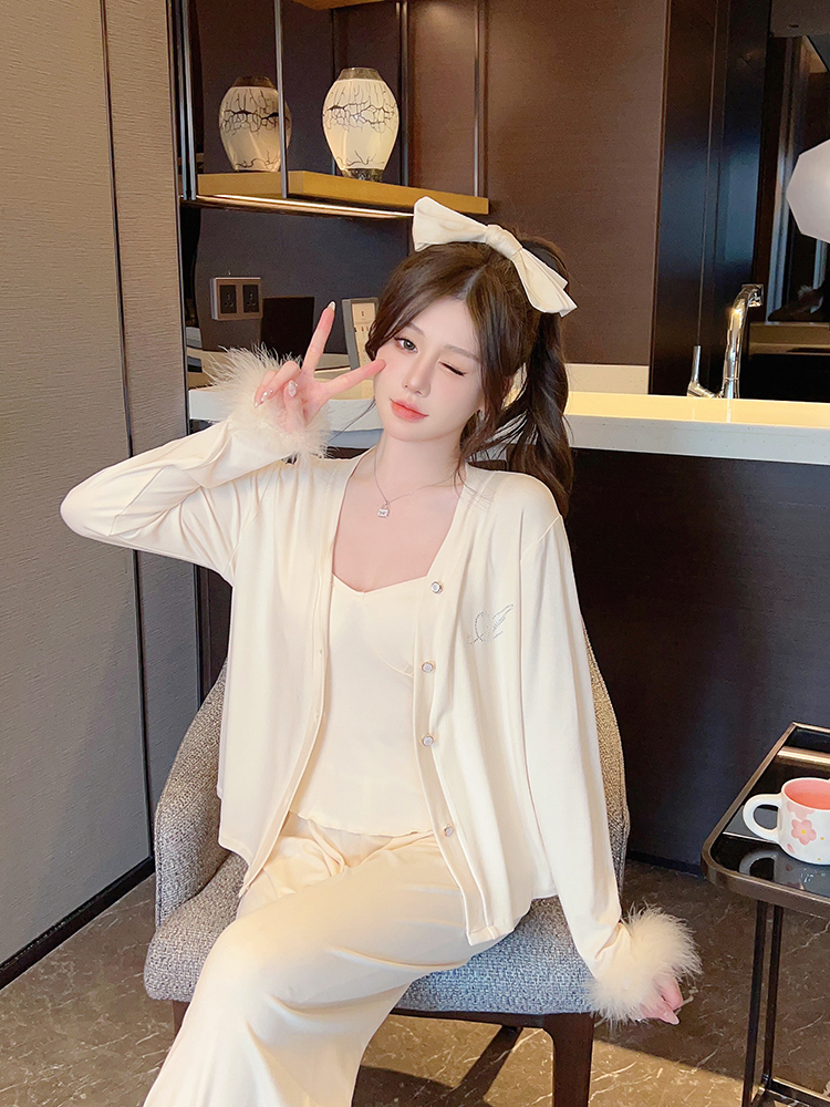 French-Style Women's Three-Piece Pajama Set, Long Sleeve Modal, Sweet & Sexy Padded Camisole, Spring & Autumn Loungewear French-Style Women's Three-Piece Pajama Set, Long Sleeve Modal, Sweet & Sexy Padded Camisole, Spring & Autumn Loungewear