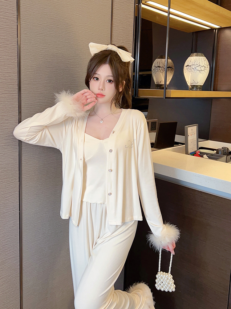 French-Style Women's Three-Piece Pajama Set, Long Sleeve Modal, Sweet & Sexy Padded Camisole, Spring & Autumn Loungewear French-Style Women's Three-Piece Pajama Set, Long Sleeve Modal, Sweet & Sexy Padded Camisole, Spring & Autumn Loungewear