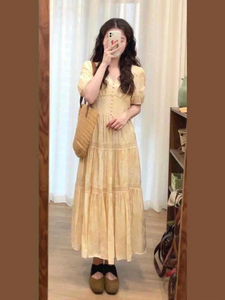 French Style Yellow V-Neck Dress for Women - Summer Waist-Cinching, Slimming, Minimalist Design, Unique & Exquisite Fashion French Style Yellow V-Neck Dress for Women - Summer Waist-Cinching, Slimming, Minimalist Design, Unique & Exquisite Fashion