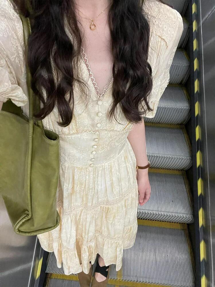 French Style Yellow V-Neck Dress for Women - Summer Waist-Cinching, Slimming, Minimalist Design, Unique & Exquisite Fashion