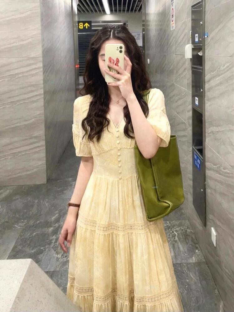 French Style Yellow V-Neck Dress for Women - Summer Waist-Cinching, Slimming, Minimalist Design, Unique & Exquisite Fashion French Style Yellow V-Neck Dress for Women - Summer Waist-Cinching, Slimming, Minimalist Design, Unique & Exquisite Fashion