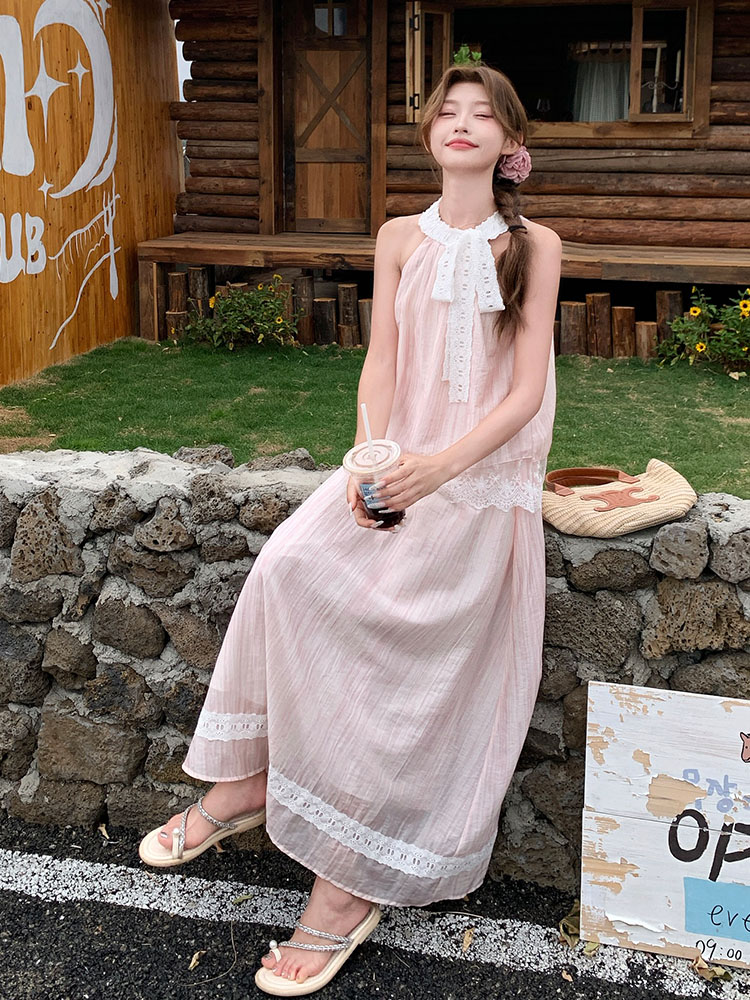 French Sweet Lace Tie Neck Top and Skirt Set for Women - Summer 2025 Vacation Style Two-Piece Outfit, Chic and Elegant Fashion