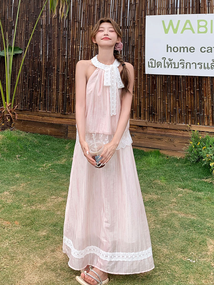 French Sweet Lace Tie Neck Top and Skirt Set for Women - Summer 2025 Vacation Style Two-Piece Outfit, Chic and Elegant Fashion